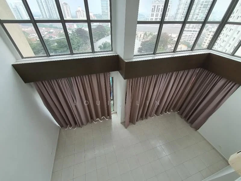Room features: floor-to-ceiling windows, brown curtains, white walls, tile flooring, high ceiling, natural light, view of city skyline; style: modern; view: city.