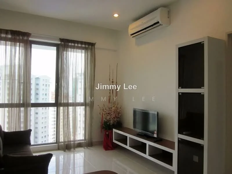 Living features: floor-to-ceiling windows, sheer curtains, wall-mounted TV, TV console, sofa, decorative plants, air conditioning unit, light-colored walls, glossy tile flooring; style: modern; view: city.