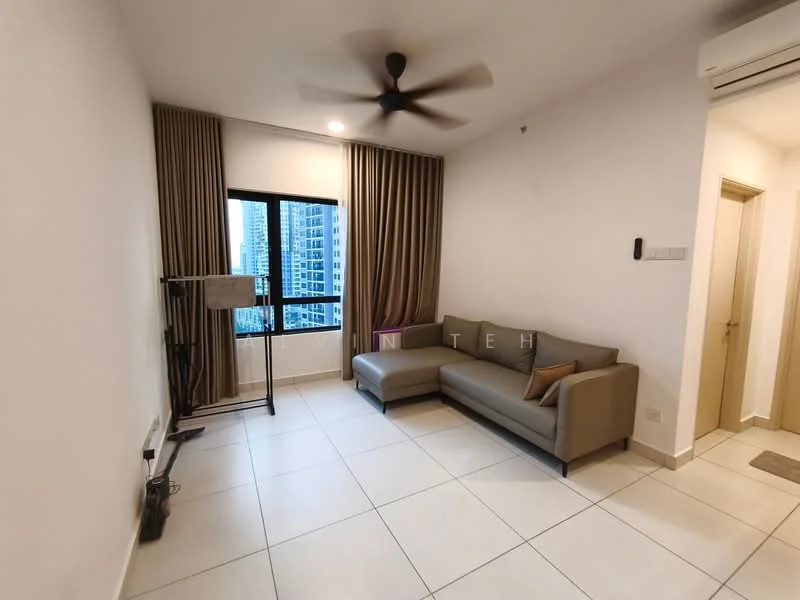 Living features: 3-seater fabric sofa in grey, floor-to-ceiling windows, sheer curtains, light-coloured tiled flooring, ceiling fan, wall-mounted air conditioning unit, neutral painted walls, decorative wall art, small side table; style: modern; view: city.