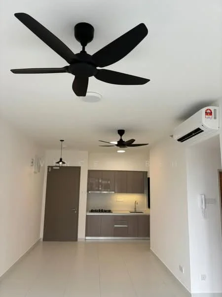 Living features: white painted walls, tile flooring, 2 ceiling fans, 1 wall-mounted split AC, kitchen area with cabinetry, stainless-steel sink, built-in oven, 4-burner gas hob, recessed downlights, open layout, neutral color scheme; style: modern.