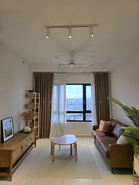 Living features: 3-seater leather sofa in brown, round coffee table, wooden TV console, floor-to-ceiling windows, sheer curtains, blackout curtains, 5-blade ceiling fan with light, decorative houseplants, framed artwork, area rug, light-colored walls, recessed downlights; style: modern; view: city.