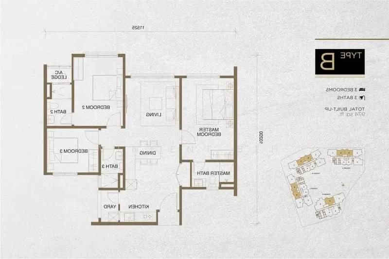 Floor plan: 3-bedroom 2-bathroom unit; features: open-plan kitchen-dining-living, master bedroom with ensuite bathroom, all bedrooms with windows, utility room, central foyer.