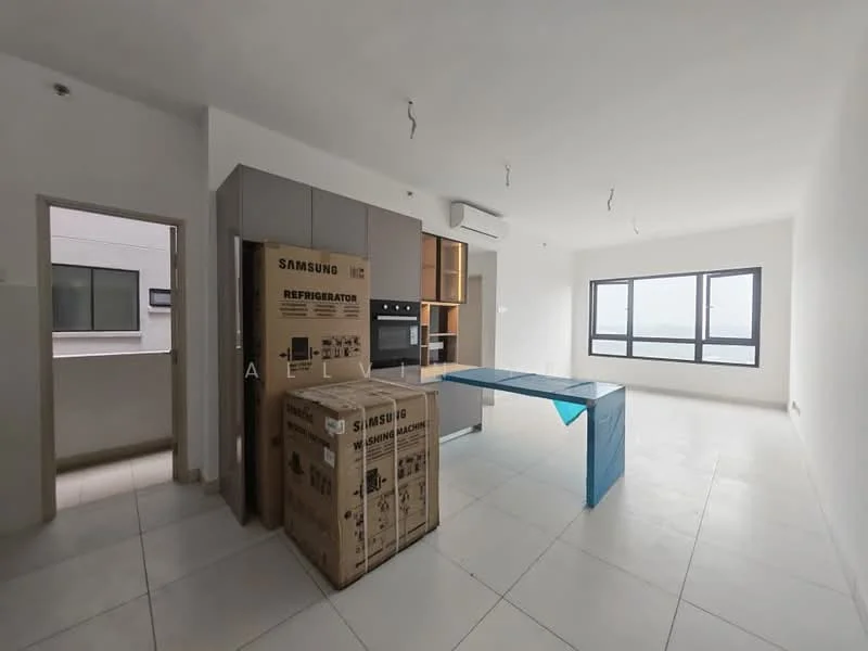 Kitchen features: white painted walls, tile flooring, kitchen island, built-in oven, stainless-steel fridge, open shelving, cabinets with wood finish, air conditioning unit, floor-to-ceiling windows, natural light, recessed ceiling lights; style: modern; view: city. Room features: white painted walls, tile flooring, floor-to-ceiling windows.