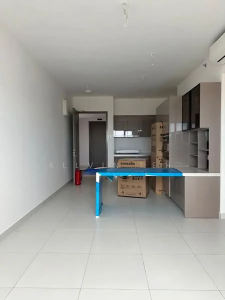Kitchen features: white painted walls, light grey tiled flooring, kitchen cabinetry with flat-panel design, countertop with blue edge, built-in appliances, open layout to living area, ceiling lights, air conditioning unit; style: modern. Living features: white painted walls, light grey tiled flooring, open layout to kitchen, ceiling lights, air conditioning unit; style: modern.