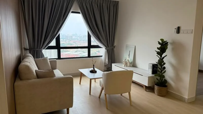 Living features: 3-seater fabric sofa in beige, 2 armchairs in white, wooden coffee table, TV console in white, floor-to-ceiling windows, grey curtains, decorative plant in pot, framed mirror, light wood flooring; style: modern; view: city.
