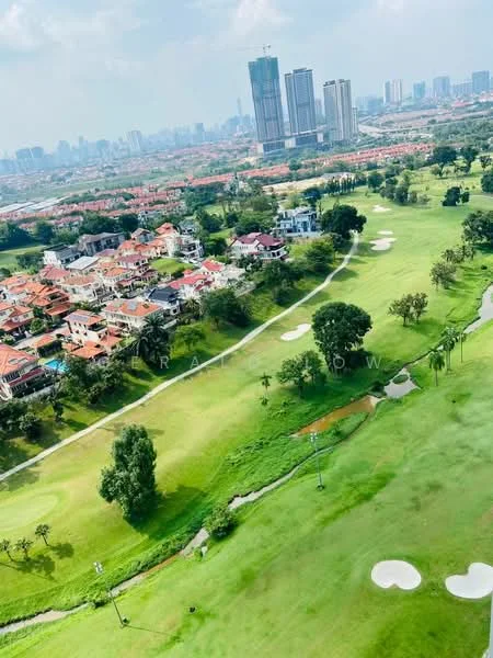 Exterior features: golf course, lush green lawns, residential houses, city skyline in background, trees lining the golf course, sand traps on golf course, water features, urban development in distance; style: contemporary.