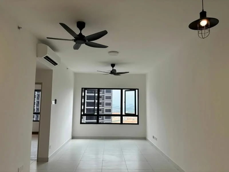 Living features: white painted walls, tile flooring, 2 ceiling fans, 1 pendant light, floor-to-ceiling windows, black window frames, city view, air conditioning unit; style: modern; view: city.
