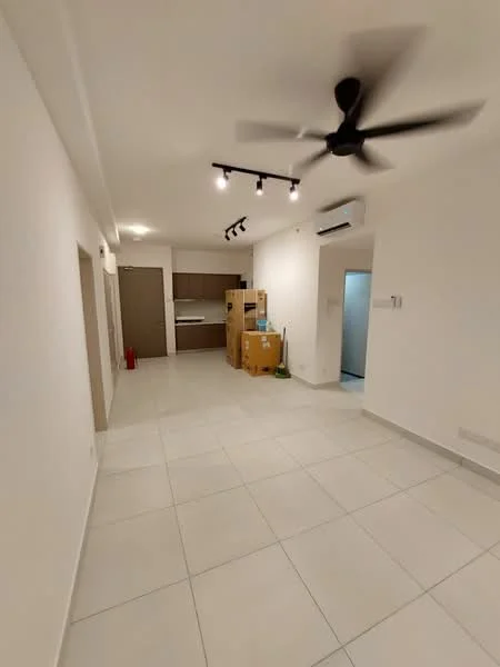 Living features: white painted walls, tile flooring, 5-blade ceiling fan with light, track lighting, open layout, boxes stacked in corner, doorway leading to kitchen, doorway leading to other rooms; style: modern.