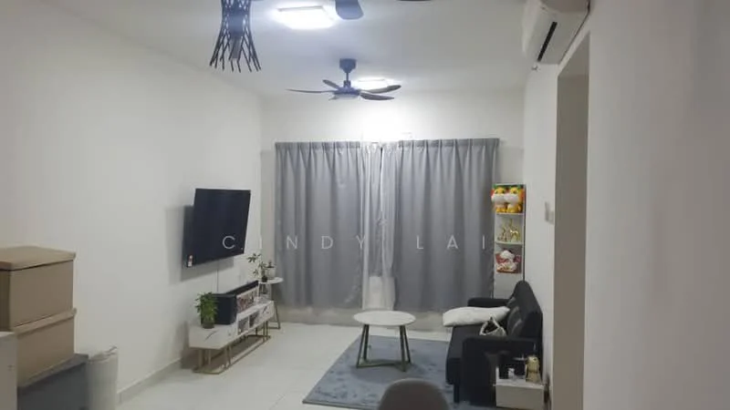 Living features: white painted walls, tile flooring, 5-blade ceiling fan with light, recessed LED downlights, wall-mounted TV, black leather sofa, round coffee table, grey curtains, decorative shelving unit, houseplants in ceramic pots; style: modern.