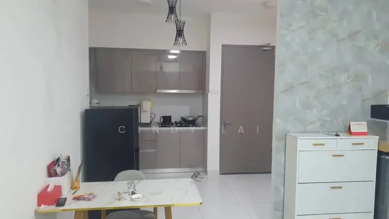 Kitchen features: grey cabinetry, white countertop, stainless-steel fridge, built-in stove, black exhaust hood, white tiled backsplash, wall-mounted cabinets, open shelving, dining table with chairs, floor tiles, recessed lighting; style: modern. Dining features: dining table, chairs; style: modern.