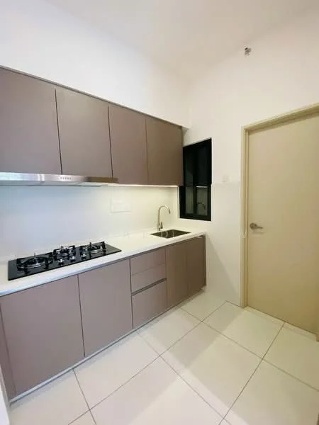 Kitchen features: brown flat-panel cabinets, white countertop, stainless-steel sink, chrome pull-down faucet, built-in gas cooktop with 5 burners, white tiled backsplash, white tiled flooring, window with black frame, door leading to another room; style: modern.