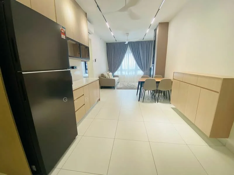 Kitchen features: black refrigerator, light wood cabinetry, white countertop, ceramic tile flooring, recessed downlights, 5-blade ceiling fan, open layout to dining area, dining table with 4 chairs, large window with curtains; style: modern.