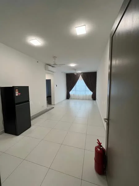 Living features: white painted walls, tile flooring, ceiling fan, recessed LED downlights, large window with sheer curtains, black refrigerator, fire extinguisher, neutral color scheme; style: modern.