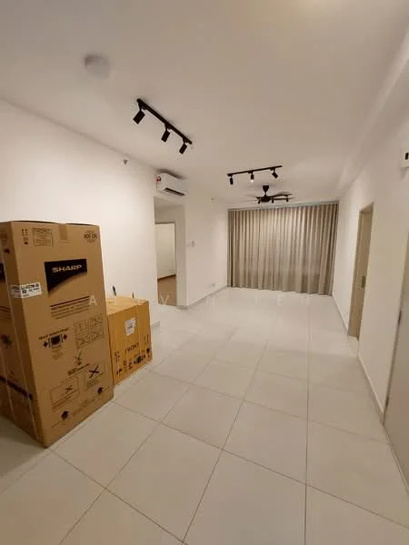 Room features: white painted walls, tile flooring, recessed downlights, 5-blade ceiling fan, floor-to-ceiling curtains, air conditioning unit, cardboard boxes, open layout; style: modern.