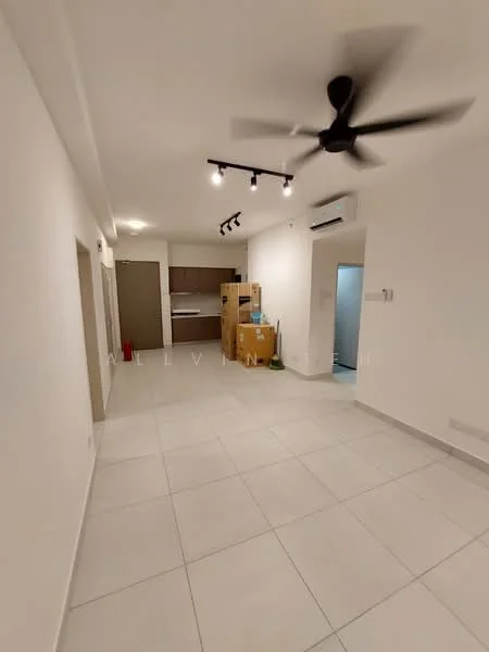 Living features: white painted walls, tile flooring, 5-blade ceiling fan, recessed LED downlights, track lighting, open layout, kitchen area visible, fire extinguisher, boxes stacked, air conditioning unit; style: modern.