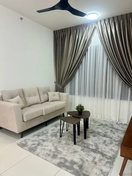 Living features: 3-seater fabric sofa in light beige, coffee table with dark wood finish, area rug with grey and white pattern, floor-to-ceiling windows with sheer curtains, heavy drapes in taupe, recessed ceiling light, ceiling fan with light, white painted walls, tile flooring in white; style: modern.