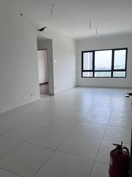Room features: white painted walls, white tiled flooring, floor-to-ceiling windows, city view, ceiling with exposed wiring, fire extinguisher, open layout; style: modern; view: city.