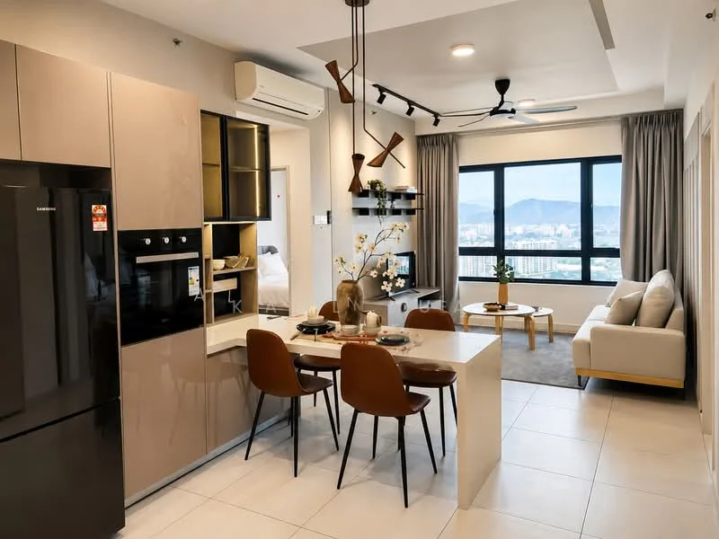 Kitchen features: stainless-steel fridge, built-in oven, ceramic cooktop, grey cabinetry, white quartz countertop, open shelving, pendant lighting, tile backsplash; style: modern; view: city. Living features: 3-seater fabric sofa in light grey, coffee table, TV console, wall-mounted TV, area rug, ceiling fan, floor-to-ceiling windows, curtains; style: modern; view: city. Dining features: 4-seater dining table, brown upholstered dining chairs, decorative vase, table setting; style: modern; view: city.
