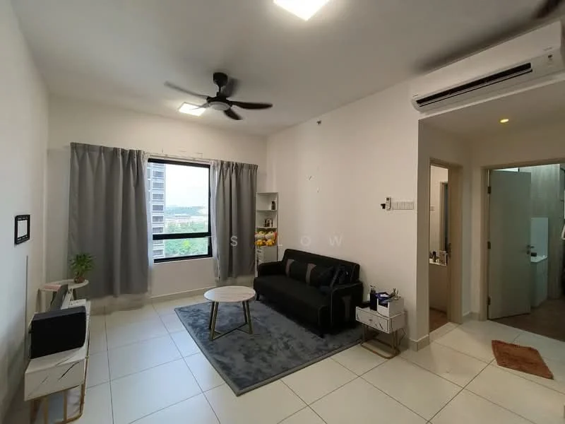 Living features: 3-seater fabric sofa in black, coffee table, area rug with geometric pattern, wall-mounted TV, floor-to-ceiling window, grey curtains, ceiling fan, wall-mounted air conditioning unit, light-colored walls, tile flooring; style: modern; view: city. Room features: door leading to bathroom, light-colored walls, tile flooring.
