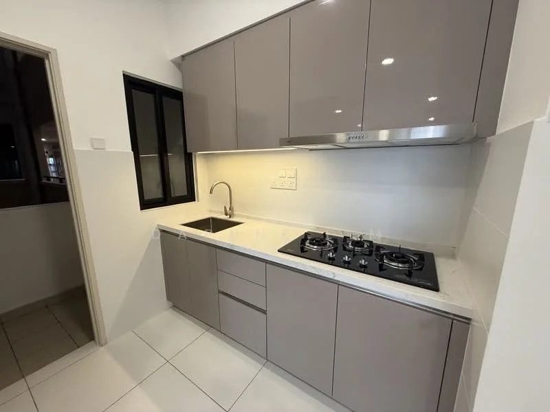Kitchen features: grey flat-panel cabinets, single-bowl stainless-steel sink, chrome pull-down faucet, 4-burner gas hob, stainless-steel range hood, white tiled backsplash, white countertop, ceramic tile flooring, wall-mounted cabinets, window with black frame; style: modern.