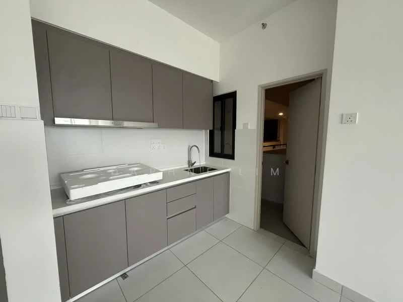 Kitchen features: grey cabinetry, white countertop, single-bowl stainless-steel sink, chrome pull-down faucet, built-in oven, ceramic tile flooring, white tiled backsplash, under-cabinet lighting, window with black frame, open layout, neutral wall color, doorway leading to another room; style: modern.