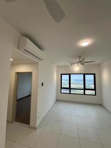 Room features: white painted walls, tile flooring, 5-blade ceiling fan, recessed ceiling lights, floor-to-ceiling windows, mountain view, wall-mounted split AC; style: modern; view: mountain.