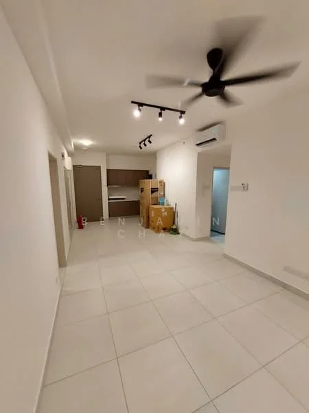Room features: white painted walls, tile flooring, 5-blade ceiling fan, recessed LED downlights, open layout, kitchen area visible in background, doorway leading to another room, built-in cabinetry, air conditioning unit; style: modern.