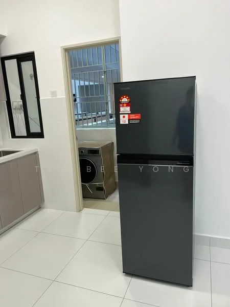 Kitchen features: grey refrigerator, stainless-steel sink, white tiled flooring, white walls, kitchen cabinetry in light grey, window with metal grille, washing machine visible in background; style: modern.