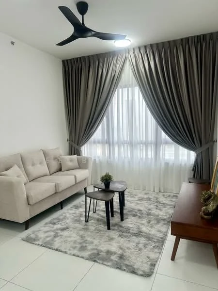 Living features: 3-seater fabric sofa in beige, 2 small coffee tables, area rug with abstract pattern, floor-to-ceiling windows, sheer curtains, blackout curtains, ceiling fan with light, wall-mounted TV console, decorative plant, wooden side table; style: modern.