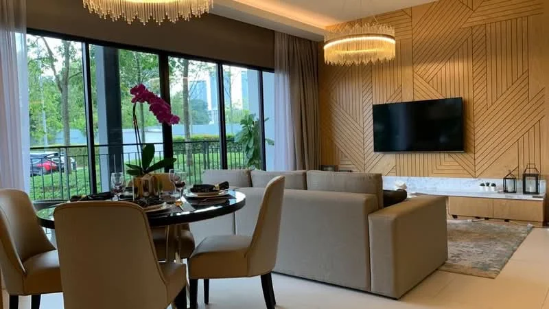 Living features: large floor-to-ceiling windows, wood accent wall with geometric pattern, chandelier lighting, sofa in light beige fabric, coffee table, TV mounted on wall, marble base for TV console, area rug with subtle pattern, decorative plants, dining table with four upholstered chairs, table setting with plates and glasses; style: modern; view: garden.