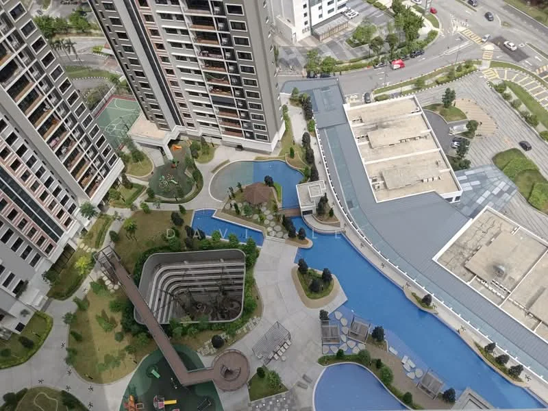 Exterior type: high-rise condominium; features: swimming pool, infinity pool, landscaped garden, children's playground, jogging track, BBQ pit, pool deck with loungers, manicured lawn, paved walkways, water features, basketball court, tennis court; style: modern.