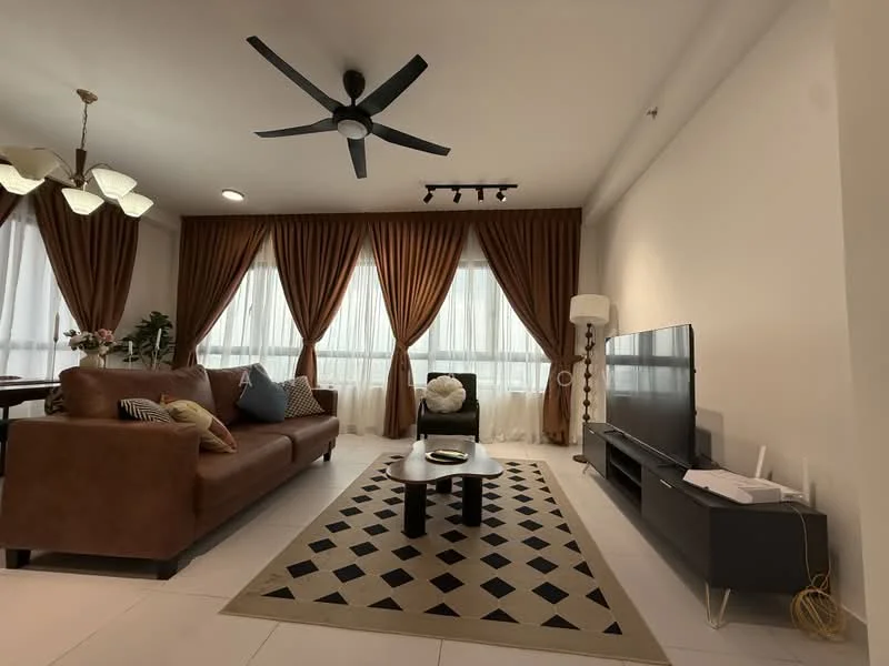 Living features: 3-seater brown leather sofa, decorative cushions, coffee table with geometric design, TV console with storage, wall-mounted flat-screen TV, area rug with diamond pattern, ceiling fan with light, recessed downlights, floor-to-ceiling windows with sheer curtains, brown drapes, laminate flooring, decorative floor lamp, indoor plants; style: modern.