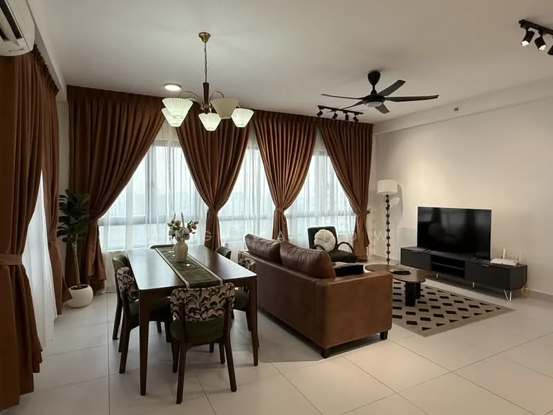 Living features: 3-seater brown leather sofa, 2-seater fabric sofa in green, coffee table, TV console, wall-mounted TV, area rug with geometric pattern, 5-blade ceiling fan with light, recessed downlights, floor-to-ceiling windows, sheer curtains, heavy drapes in brown, decorative plant in ceramic pot, dining table with 6 upholstered chairs; style: modern; view: city.