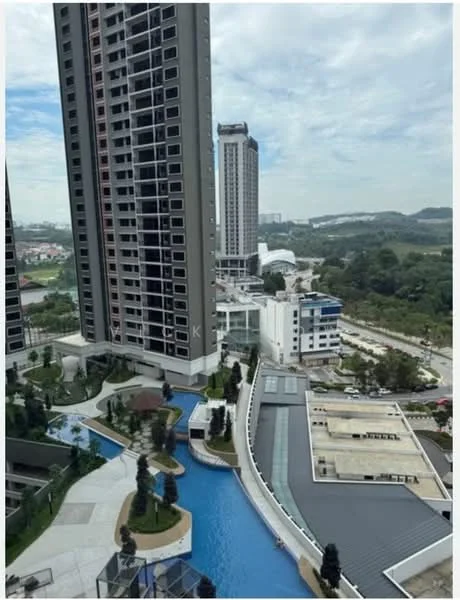 Exterior type: high-rise condominium; features: swimming pool, landscaped garden, manicured lawn, multiple levels of buildings, water features, surrounding greenery, city skyline in background, parking area; style: modern.