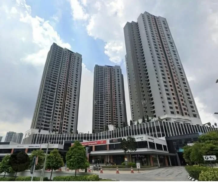 Exterior type: high-rise condominium; features: glass curtain wall, grey painted facade, recessed balconies, multiple storeys, manicured landscaping, trees in planters, commercial space at ground level, surrounded by urban environment; style: modern.