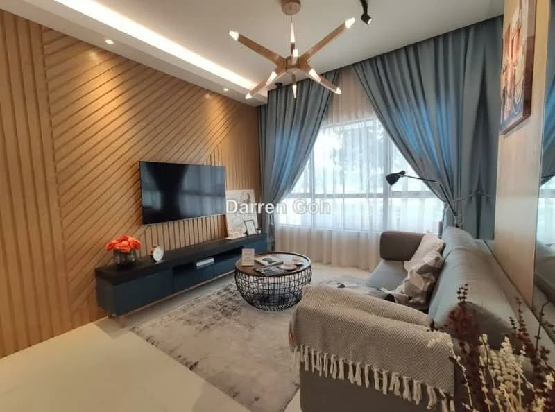 Living features: grey fabric sofa, wooden accent wall with diagonal paneling, flat-screen TV mounted on wall, black coffee table, area rug with geometric pattern, floor-to-ceiling windows with sheer curtains, blue drapes, decorative wall art, ceiling light fixture with multiple arms, potted plant in corner; style: modern.