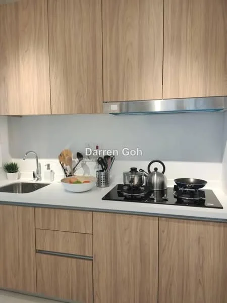Kitchen features: light wood cabinetry, white countertop, single-bowl stainless-steel sink, chrome pull-down faucet, built-in gas hob, stainless-steel range hood, kettle, cooking pot, frying pan, utensil holder, fruit bowl, decorative plant; style: modern.