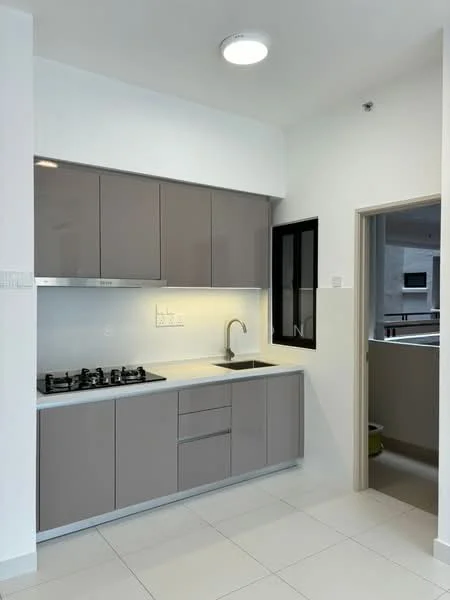 Kitchen features: grey flat-panel cabinets, white countertop, single-bowl stainless-steel sink, chrome pull-down faucet, 4-burner gas hob, built-in oven, tile backsplash, recessed ceiling lights, white tiled flooring, window with black frame; style: modern.