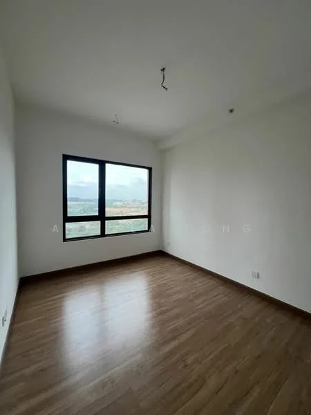 Room features: light wood flooring, white painted walls, large window with black frame, mountain view, two ceiling hooks, no visible furniture; view: mountain.