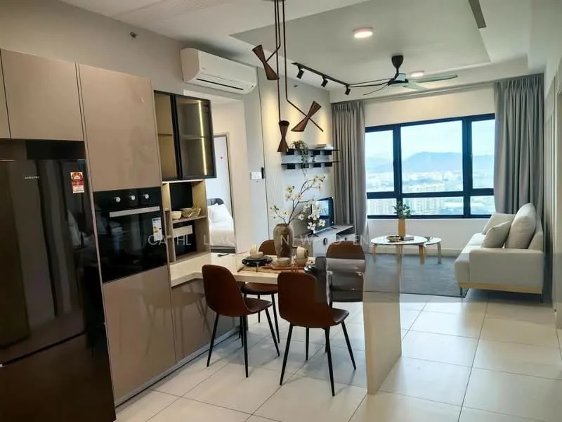 Kitchen features: stainless-steel fridge, built-in oven, black cabinetry, white quartz countertop, black backsplash, kitchen island with seating, recessed downlights; style: modern; view: city. Living features: 3-seater fabric sofa in light grey, coffee table, area rug, floor-to-ceiling windows, ceiling fan with light, wall-mounted TV, decorative wall art; style: modern; view: city. Dining features: 4-seater dining table, upholstered dining chairs, decorative centerpiece, pendant lighting; style: modern; view: city.