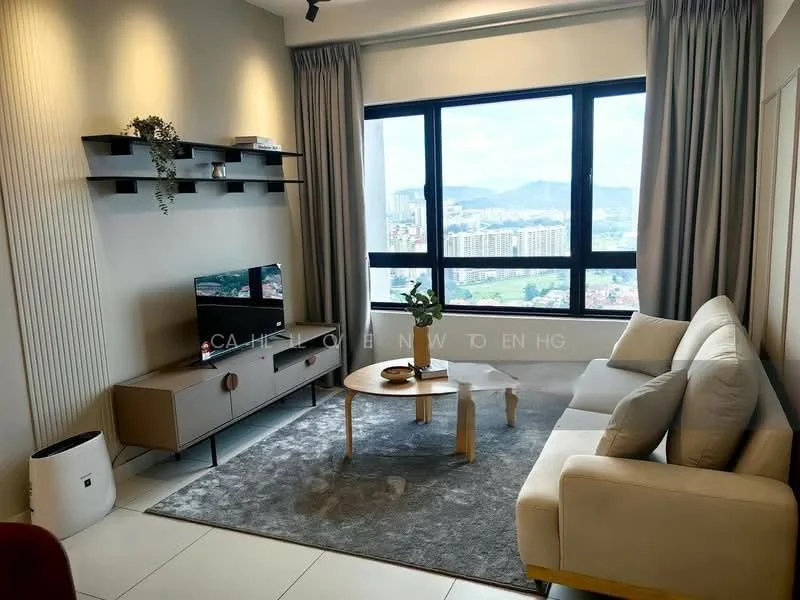 Living features: 3-seater fabric sofa in light beige, coffee table with wooden legs, area rug with grey color, wall-mounted TV, TV console with drawers, decorative plant on table, floor-to-ceiling windows, curtains in light grey, wall shelf with decorative items, white walls with vertical paneling, tile flooring; style: modern; view: city.