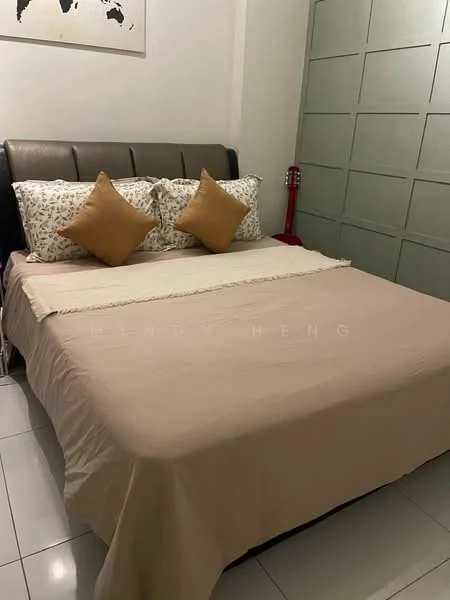 Bedroom features: king-size bed with beige bedding, upholstered headboard, two decorative cushions in gold, white walls, green accent wall with paneling, floor tiles, guitar leaning against the wall, framed artwork on the wall; style: modern.