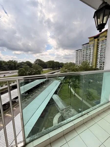 Room features: glass balcony railing, tiled flooring, outdoor view, overhead light fixture, partial view of surrounding greenery, partial view of nearby buildings, cloudy sky; view: garden.