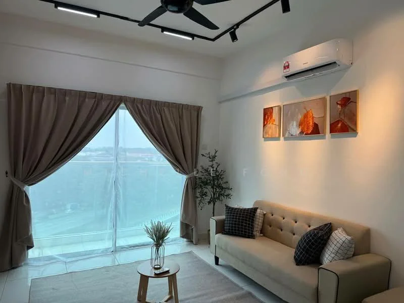 Living features: 3-seater fabric sofa in beige, floor-to-ceiling windows, sheer curtains, 5-blade ceiling fan, wall-mounted split AC, decorative wall art with abstract designs, area rug with neutral color, decorative throw pillows, indoor plant in ceramic pot, light-colored walls, tile flooring; style: modern; view: city.