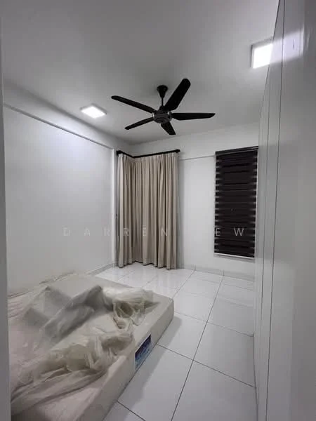 Bedroom features: white painted walls, white ceiling, recessed LED downlights, 5-blade ceiling fan, floor-to-ceiling window, blackout curtains, sliding window blinds, white tiled flooring, queen-size bed base, decorative wall paneling; style: modern.