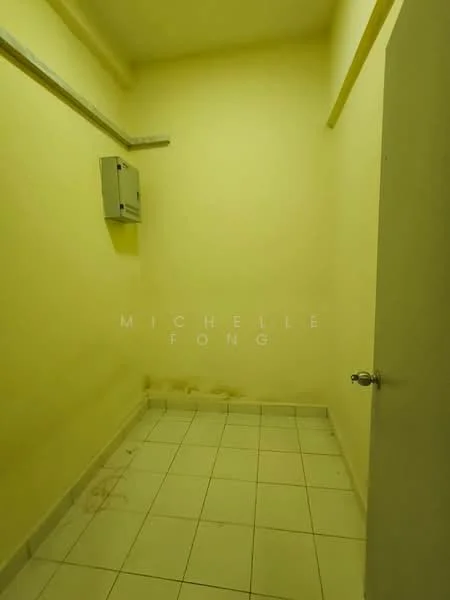 Room features: yellow painted walls, white tiled flooring, ceiling with light fixture, electrical panel on wall, door with doorknob.