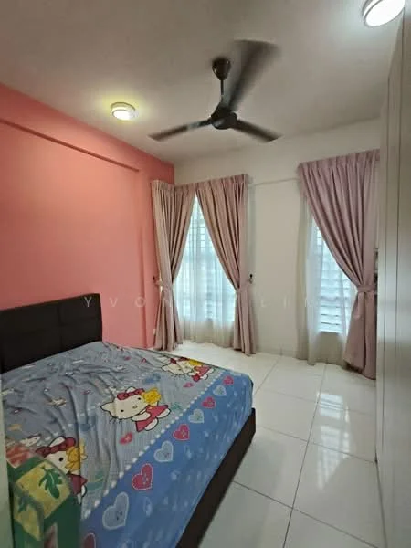 Bedroom features: pink painted walls, white ceiling, 5-blade ceiling fan, floor-to-ceiling windows, sheer curtains, black upholstered bed frame, colorful bedspread with cartoon design, white tiled flooring, built-in wardrobe with sliding doors; style: modern.