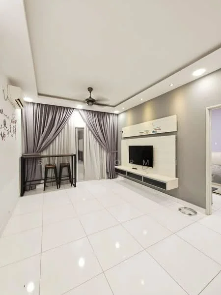 Living features: white glossy tile flooring, grey accent wall, white painted walls, recessed downlights, 5-blade ceiling fan with light, wall-mounted TV, floating TV console, bar table with stools, floor-to-ceiling curtains, sliding glass door, decorative wall decals; style: modern.