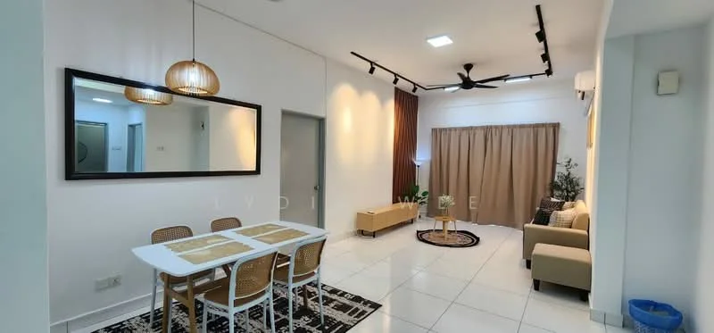 Living features: white painted walls, polished ceramic tile flooring, 5-blade ceiling fan with light, recessed LED downlights, sofa in beige fabric, coffee table, area rug with geometric pattern, TV console, wall-mounted TV, curtains in beige, decorative plant in ceramic pot, framed mirror; style: modern. Dining features: 6-seater dining table, wooden dining chairs, table placemats, decorative centerpiece; style: modern.