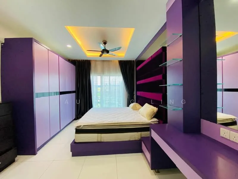 Bedroom features: purple and pink built-in wardrobes, queen-size bed with white bedding, ceiling fan with light, recessed lighting in ceiling, large window with sheer curtains, white tiled flooring, floating shelves, black bedside table, decorative wall paneling; style: modern.